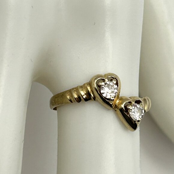 14K Turkey Ring Size 6.5 Two Stone CZ Heart Design - Picture 3 of 13
